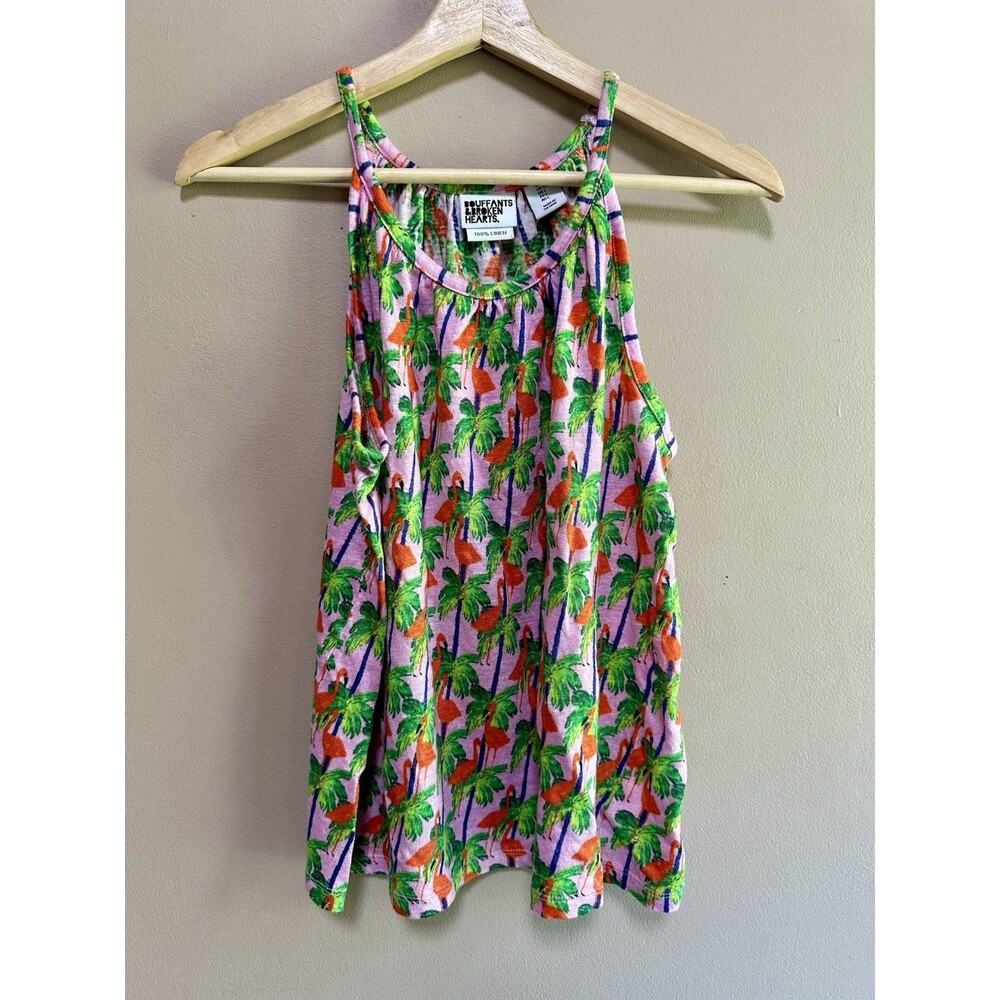 Bouffants‎ & Broken Hearts 100% Linen Pink Flamingos Summer Tank Top Size L